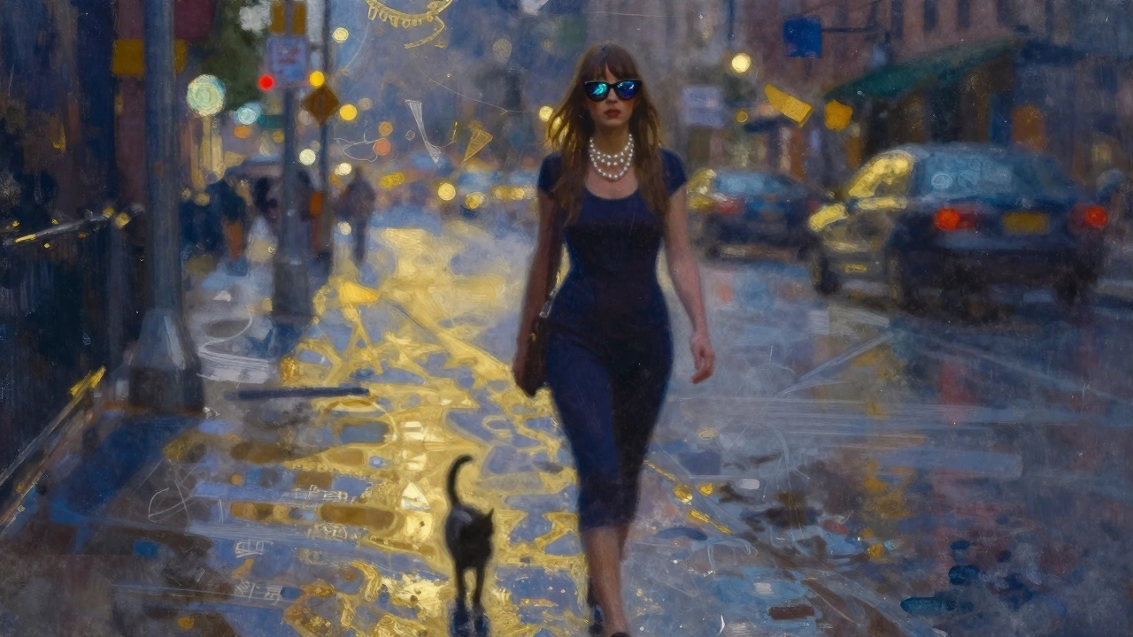 Holly walking alone at night in rain, pearls glinting, stray cat behind her, abstract watercolor city backdrop.
