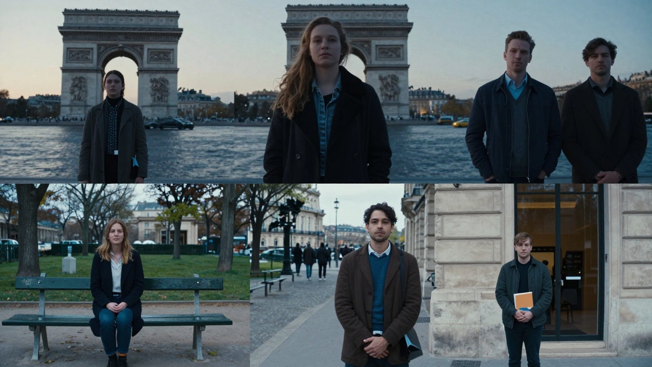 Three individuals stand confidently near iconic Paris locations, each embodying dignity and personal choice.
