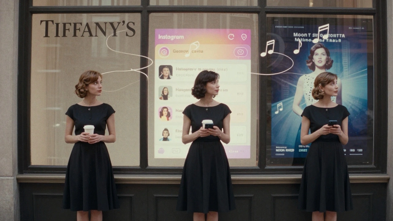 Three women across decades, each at a window, connected by music and the little black dress, symbolizing timeless loneliness.